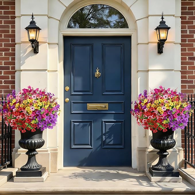 SHareconn 48 Bundles Artificial Flowers for Outdoors Decoration, Faux Plants Fake Silk Colorful Daisy Eucalyptus Lavender, UV Resistant for Outside Home Porch Patio Indoor Spring Decor, Mix 5 Colors