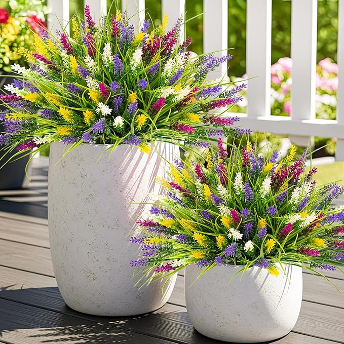 N&T NIETING 10 Bundles Artificial Plants Outdoor Fake Monkey Grass with Flowers for Pot Garden Verandah Decor Plastic Greenery for Window Office Patio Hanging Planter Pathway Front Porch (Mix color 2)