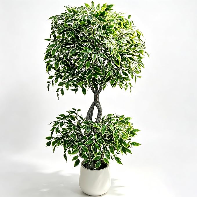 5FT Artificial Ficus Tree Indoor Outdoor, Fake Plants Indoor with White Pot, Realistic White-Edged Leaves Potted Tree for Home Office Decor