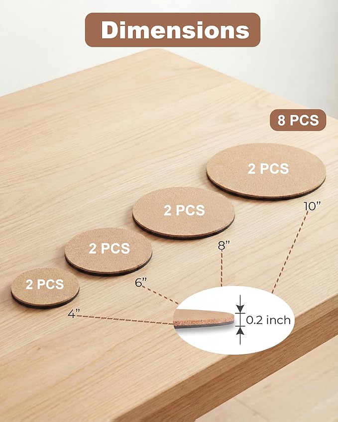 vensovo Cork Plant Coasters & Saucers 4/6/8/10 Inch – Absorbent Round Mats for Indoor Flower Pots, Planters, Houseplants, Surface Protector for Table & Floor, 8 Pack