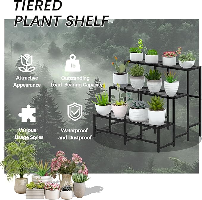 Garden 4 you 3 Tier Large Metal Plant Stand, Garden Display Shelf Flower Pot Holder Storage Organizer Rack for Indoor Home Outdoor Patio Balcony Yard( Black,Rectangle)