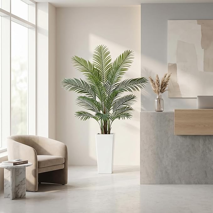 Garvee 5FT Artificial Palm Tree, Tall Faux Tropical Areca Plants with White Tall Planter, Fake Potted Tree with Lifelike Leaves for Indoor Living Room Bedroom Home Office Decor