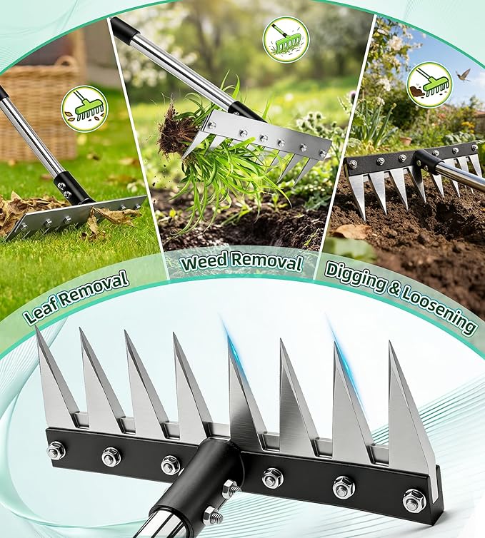 Iron Weed Rake with 71" Adjustable Long Handle, 8 Teeth Manual Weed Remover Tool Heavy Duty Garden Weed Puller with Gloves for Yard, Lawn, Garden