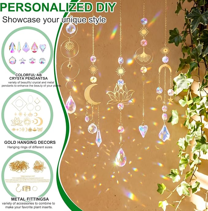 230 Pcs DIY Crystal Suncatcher Kit Lotus Style Sun Catchers Making Supplies Kit with 3 Size Tall Trellis for Potted Plants Indoor Plant Stake Suncatcher Decoration for Office Home