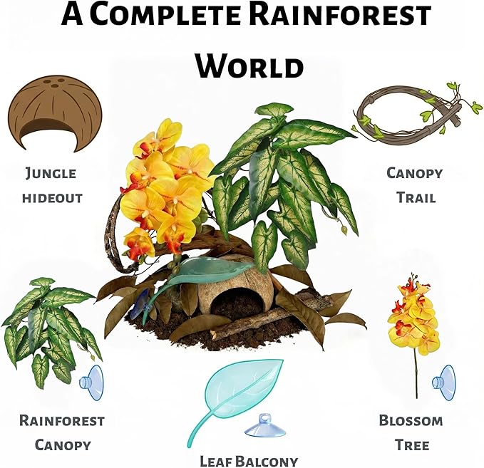 Crested Gecko Terrarium Decor Kit - 5PCS Rainforest Tank Accessories with Coconut Hide, Climbing Vines, Leaf Platform & Artificial Plants - Habitat Enrichment for Humidity & Hiding (Yellow)