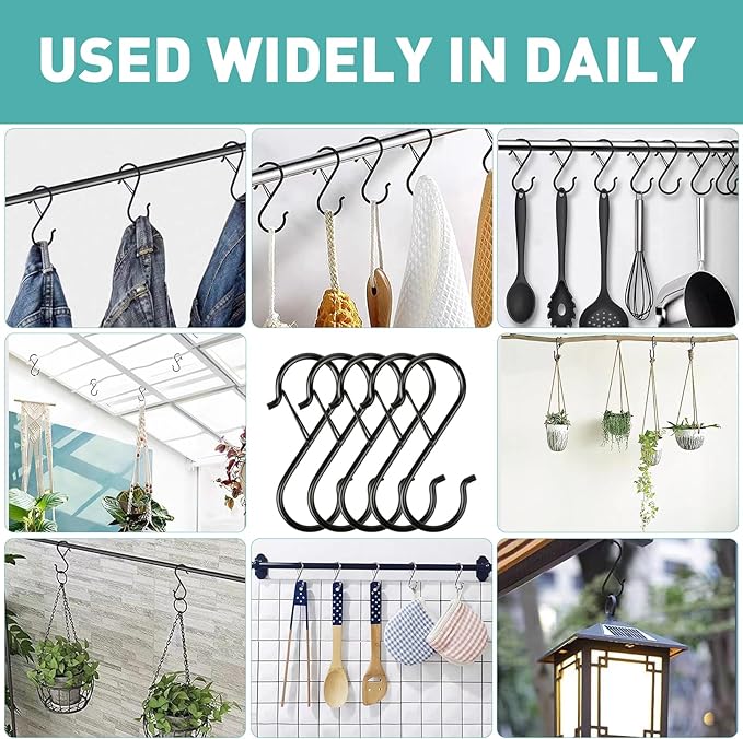 Navona 20 Pcs S Hooks for Hanging Heavy Duty, 3.5-inch Heavy Duty Metal S Hook with Safety Buckle, Suitable for 0.5 inch Rods, S Hook for Hanging Plants, Closet, Kitchen Utensil, Pot, Pan, Bags