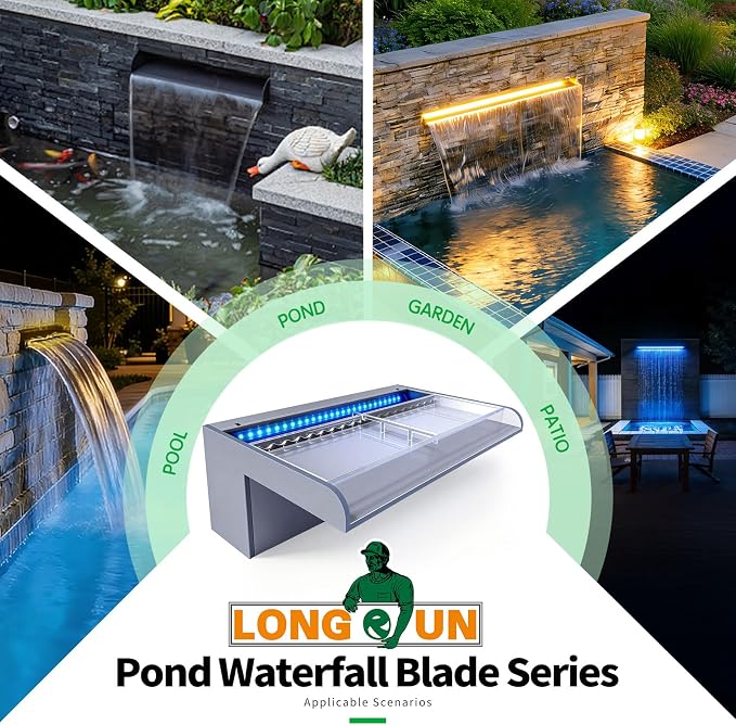 LONGRUN with lid Waterfall Spillway APP Control Multi-Color LED Light Outdoor Pool Fountain, Acrylic Water Spillway Koi Pond Waterfalls Fountains Kit for Garden Patio Swimming Pool Decoration-11.8"