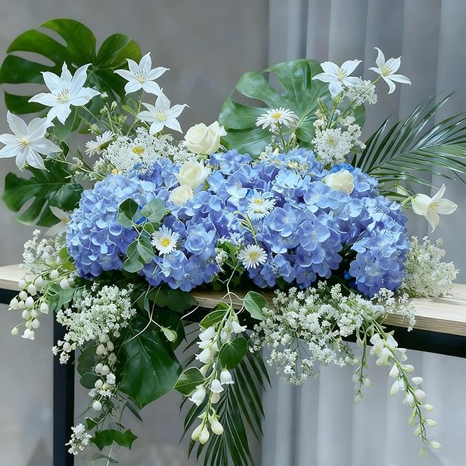 65Pcs Blue Hydrangea Artificial Flowers Bulk，Realistic Silk Fake Flowers with Stems，Faux Hydrangea Flowers for Wedding Home Decor Centerpieces Living Room Garden Party Baby Shower Decoration