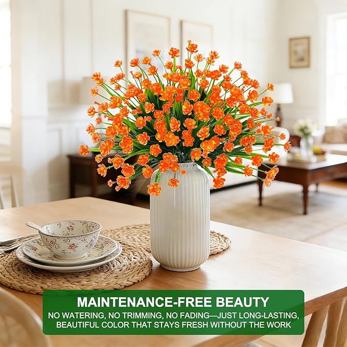 12 Bundles Artificial Flowers for Outdoors Spring Summer Decorations, UV Resistant Fake Mums Realistic Fake Plants Faux Plastic Flowers for Outdoor Indoor Home Gardens Porch Fall Decor(Orange Red)