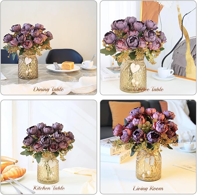 Faux Flowers in Vase, Fake Flowers in Vase 21 Pcs Faux Peony Flowers, Artificial Flowers for Home Decor, Indoor Centerpiece for Living Room & Dining Table - Purple Red