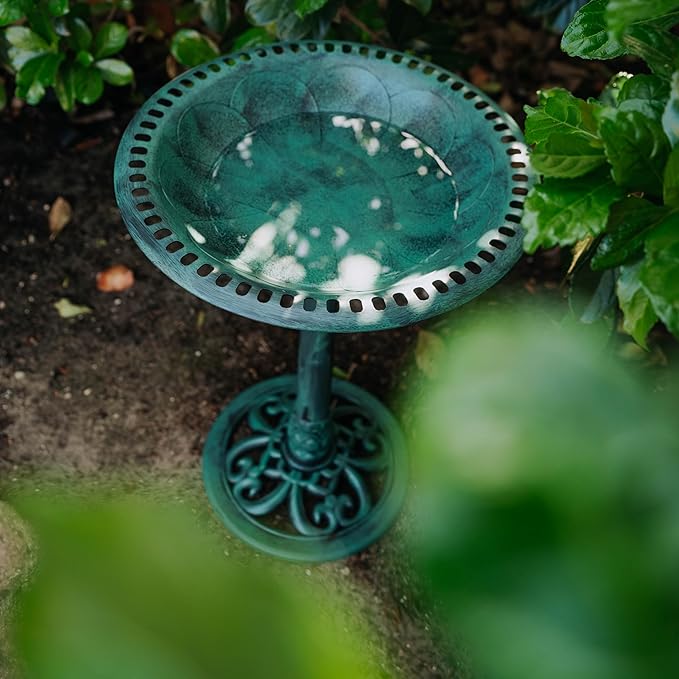 Backyard Expressions Outdoor Garden Bird Bath - Green - Weather Resistant Polyresin - 27 Inch