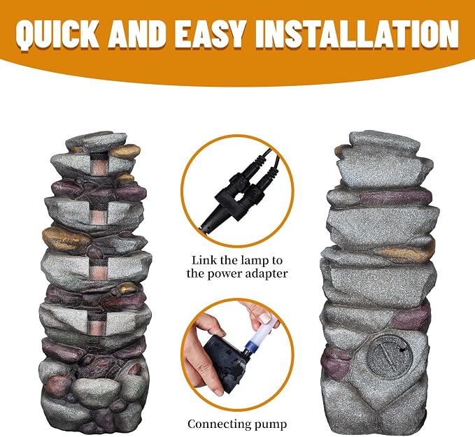 Solarbloom 38.9" H Large Outdoor Fountain, 5-Tier Cascading Rock Waterfall Fountain with LED Lights, Freestanding Water Feature for Garden Patio Backyard Porch Decor