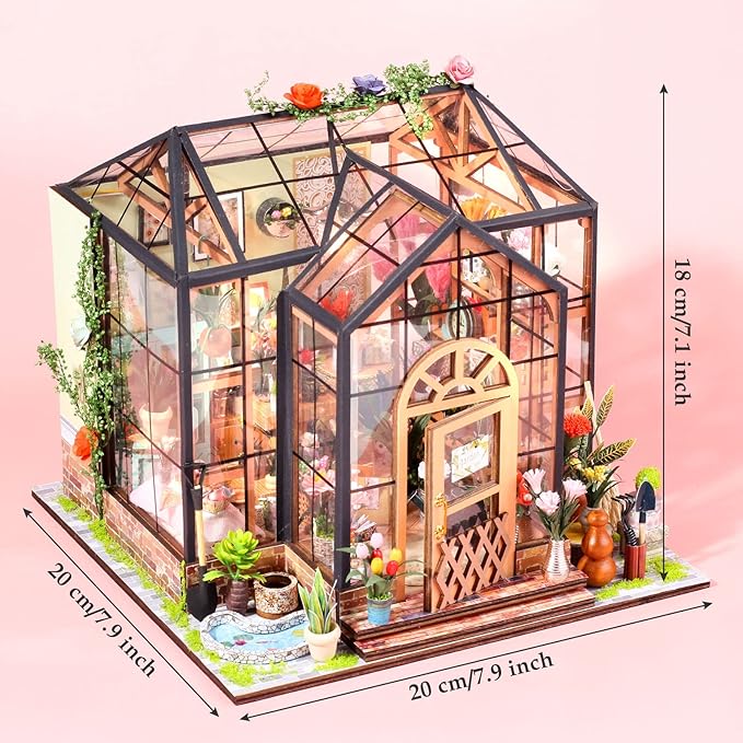 GuDoQi DIY Miniature Dollhouse Kit, Tiny House with Furniture, 1:24 Scale, Handmade Gift for Birthday Christmas Day, Jenny Greenhouse Flower Shop