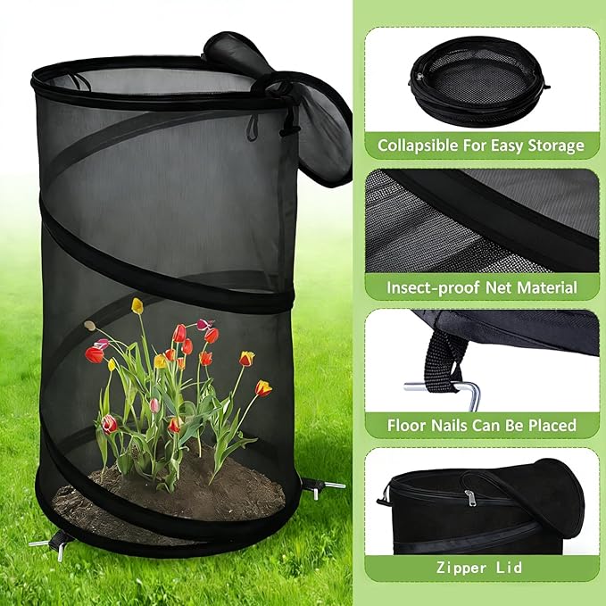 2 Pcs Pop Up Mesh Plant Protectors, 21 x 13 Foldable Garden Cover, Specifically Designed for Outdoor Vegetables, Seedlings & Flowers, Animal Barrier Cloches with Stakes (Black)