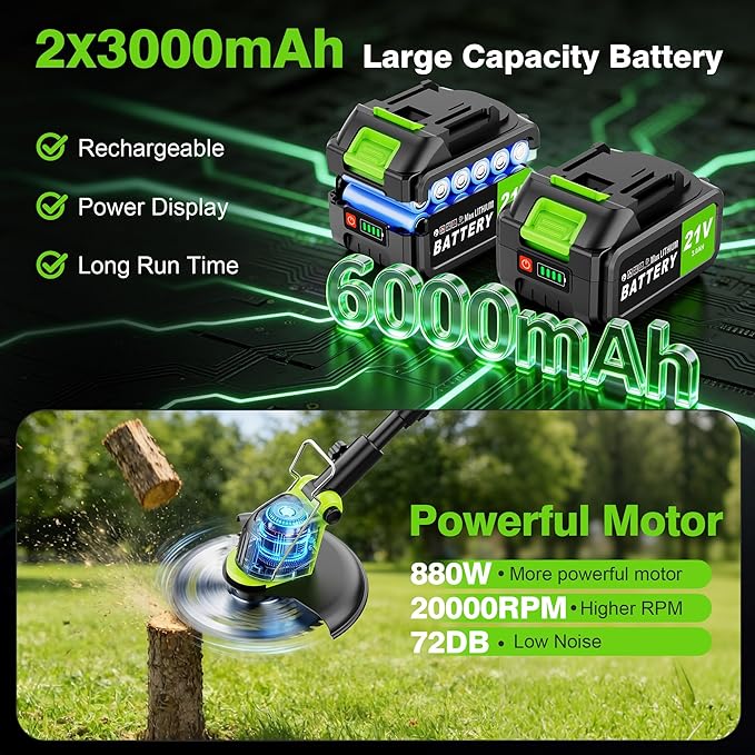 12" Stringless Weed Wacker Cordless Eater, 20000 RPM Powerful Battery Powered Trimmer Edger Lawn Tool, 21V 6000mAh Electric Wheeled Lawn Edger with Blades, Foldable& Lightweight Design Brush Cutter