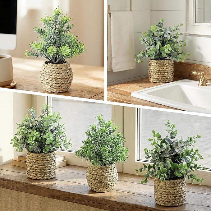 Small Fake Potted Plants: 9 Inches Artificial Plants with Seagrass Handwoven Planters, Indoor Farmhouse Decorations, Eucalyptus Plant for Home Bathroom Office Shelf Tabletop Desk Room Decor