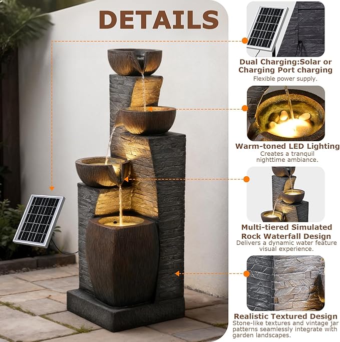 38.2" Tall Solar Water Fountain Outdoor Garden,4 Tiers Modern Cascading Bowls and Stacked Stones Solar Powered Fountains with LED Lights for Garden, Patio, Deck, Porch, Backyard, Lawns