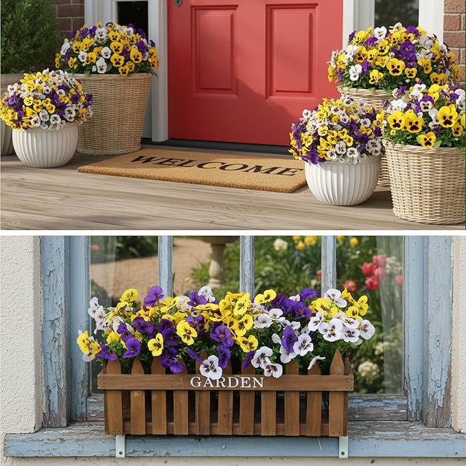 CEWOR 12 Bundles Artificial Flowers for Outdoor Indoor, Fake Silk Pansy with Eucalyptus Leaves, Faux Flower for Garden Front Door Porch Planter Patio Home Decor (Yellow White Purple)