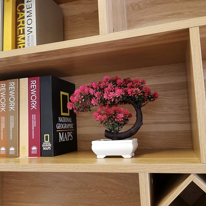 Fake Plants Small Artificial Bonsai Tree for Home Decor Living Room Bathroom Bookshelf Entryway Table Wall Shelf Modern Farmhouse Decor, 8.5" Tall, Magenta