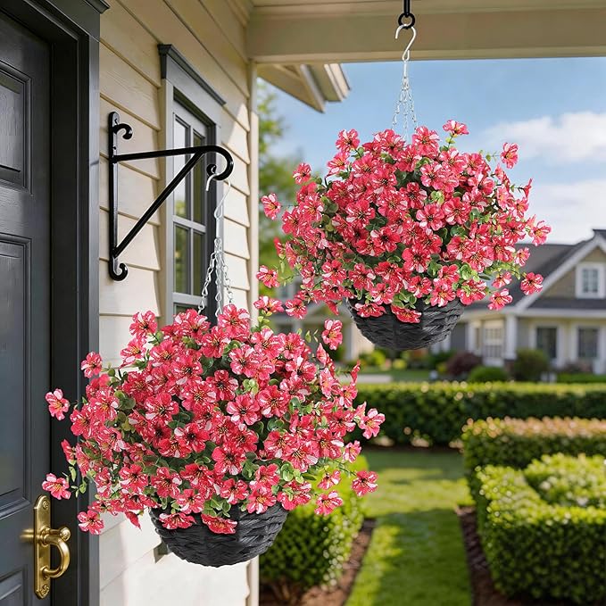 Artificial Flower & Eucalyptus with Hanging Basket - 2PCS Faux UV Sun Resistant Morning Glory in Planter, Fake Colorful Silk Flowers for Spring Summer Porch Patio Balcony Yard Decor (Rose Red)