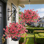 Artificial Flower & Eucalyptus with Hanging Basket - 2PCS Faux UV Sun Resistant Morning Glory in Planter, Fake Colorful Silk Flowers for Spring Summer Porch Patio Balcony Yard Decor (Rose Red)