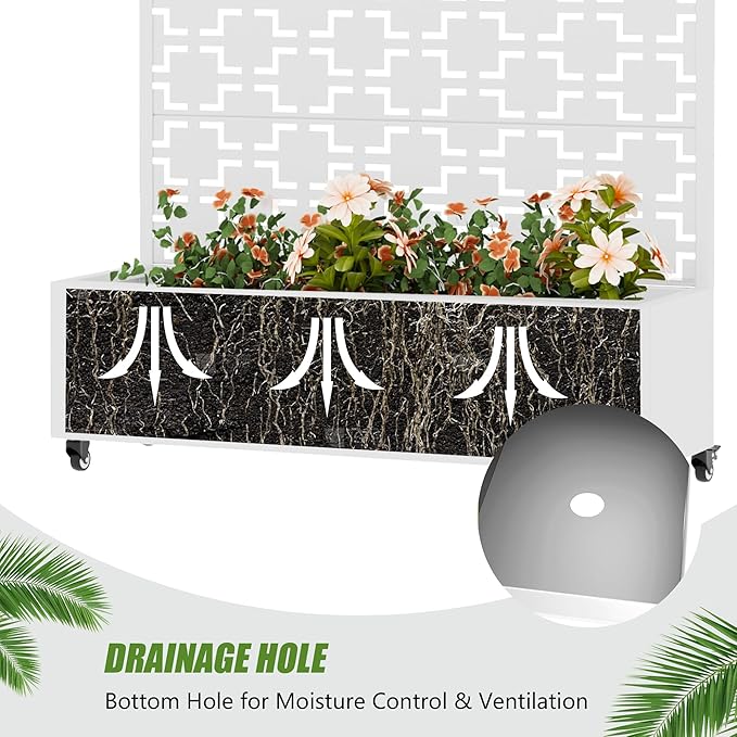 Casaphoria Metal Raised Garden Bed with Trellis and Wheels, 72"x47"x16" Arched Planter Box for Climbing Plants, Vegetables & Vines, Features Drainage Holes and Privacy Screen, White-Square