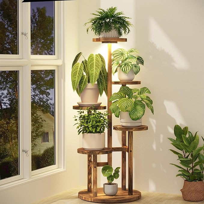 iDavosic.ly 5 Tier Plant Stand Indoor with Grow Light, Tiered Corner Wood Multiple Flower Holder Shelf, Tall Orchid Display Rack for Living Room Bedroom, Brown