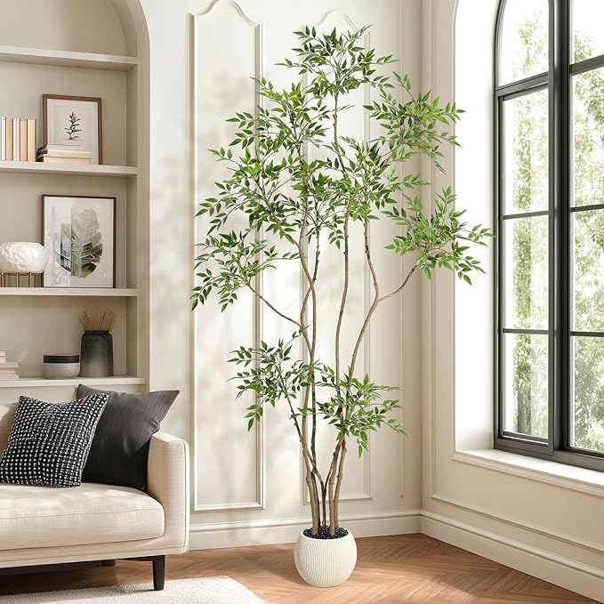 GarveeHome Artificial Plants Indoor,7 ft Tall Faux Floor Plant in Pot, Nandina Artificial Tree with White Planter for Home Decor Office Living Room