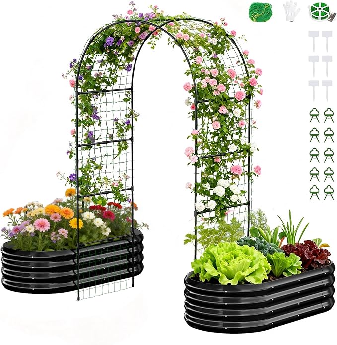 SUNYRISY Galvanized Raised Garden Bed with 87" H Arch Trellis for Climbing Plants Outdoor, Metal Planter Box with Netting for Gardening Flowers Vegetables Fruit Herb, Black