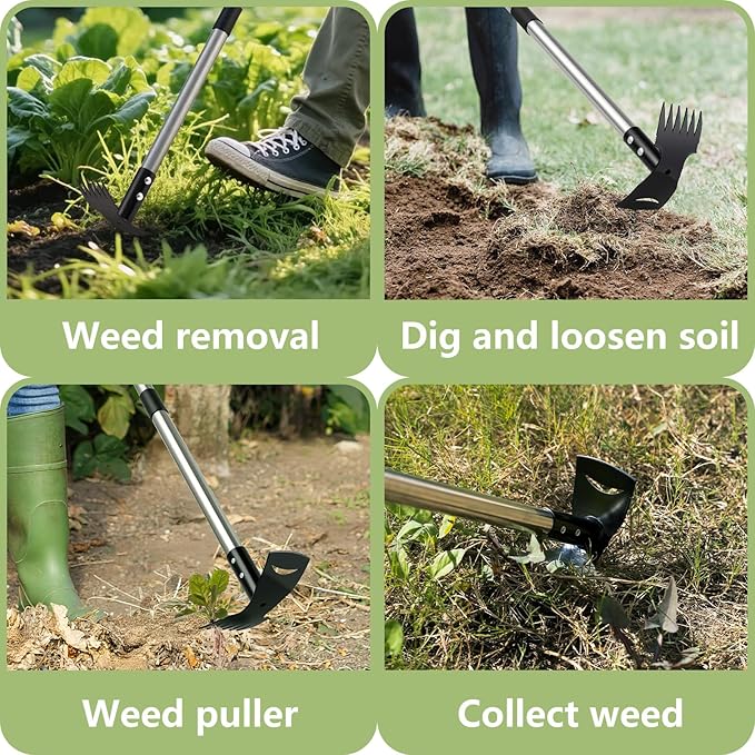 Mitclear Weed Puller Tool with Long Handle(58IN), 2-in-1 Gardening Hand Tools Weeds Remover, Weeder Rake & Garden Hoe Combo, Manual Weeding Puller Tool for Garden Yard Patio Lawn