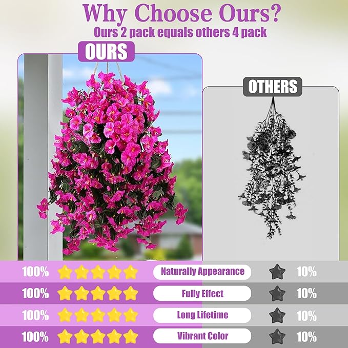 Sggvecsy Artificial Fake Hanging Flowers Plants for Outdoor Outside Spring Summer Decoration 2PCS Faux Silk UV Resistant Realistic Morning Glory Trailing Vines for Home Porch Patio Balcony(Purple red)