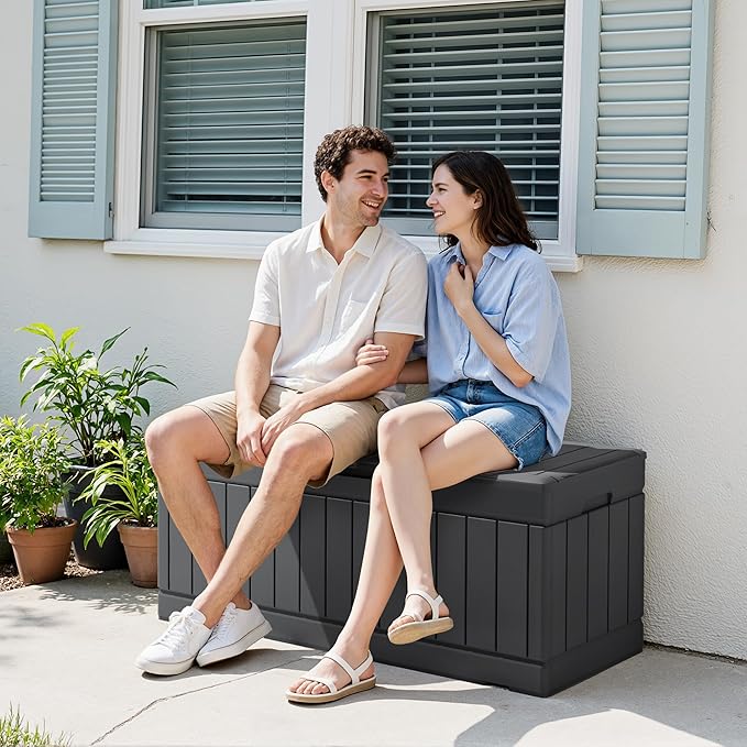 Devoko 78 Gallon Deck Box, Waterproof Resin Outdoor Storage Box for Outside and Patio, Outdoor Storage Bench Lockable for Patio Furniture, Garden Tools and Pool Supplies (Grey, 78 Gallon)