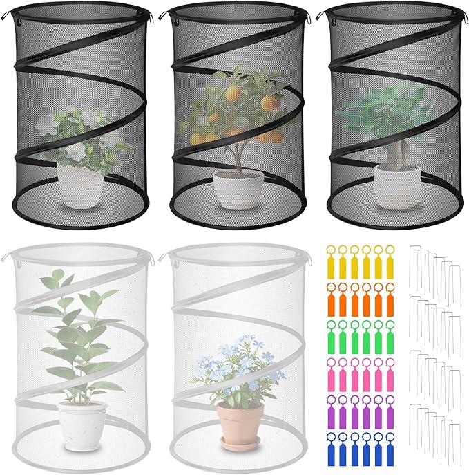 5 Pack Pop Up Insect Barrier Plant Cover, 20''H x 13''D Pop Up Fine Mesh Plant Protector with 24 Stakes 36 Labels Carry Bags, Pop Up Guard Plant Cover Tents for Vegetables Flowers, Black & White