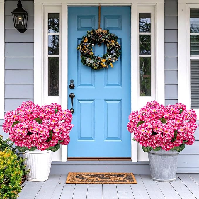 6 Bundles Artificial Geranium Flowers for Outdoors, Realistic Silk Geraniums Fake Flowers UV Resistant Faux Plants for Porch Front Door Planter Patio Balcony Outside Decor (Pink)