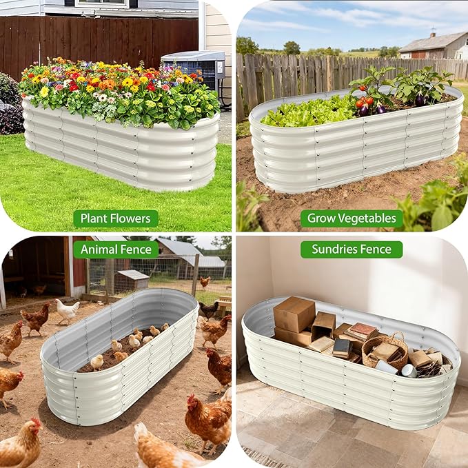 YSEJOMP 17" Tall Outdoor Garden Raised Garden Bed Kits, 5ft X 2ft Oval,0.8MM Thick Metal Raised Planter Bed/Ground Planter Box for Variety of Flowers,Herbs,Vegetables (Cream White, 60X24X16.5 Inches)