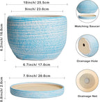 SQOWL Ceramic Plant Pots - 10 Inch Ceramic Flower Pots with Drainage Hole and Saucer, Round Large Planter for Indoor Outdoor, Decorative Modern Planter, Kitchen Decor, House Warming Gifts, Blue