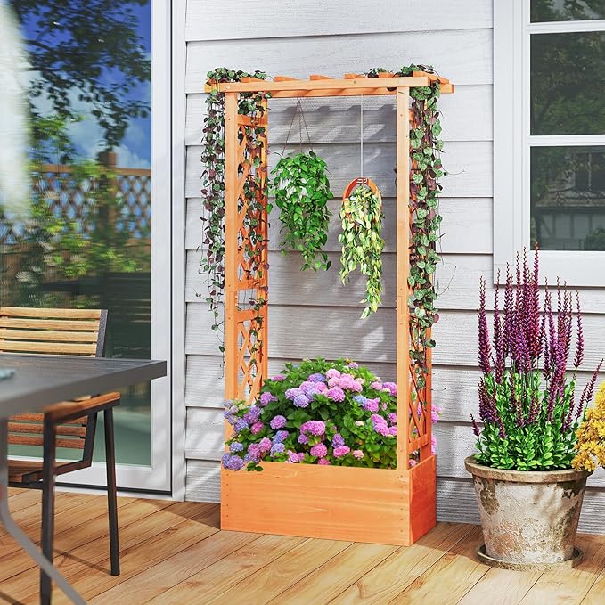 MAT EXPERT Raised Garden Bed with Trellis & Hanging Roof, Lattice Panel with Drainage Hole for Flower, Climbing Plant, Herb, Planter Box for Garden, Patio, Yard (1, 31" L x 14" W x 60" H)
