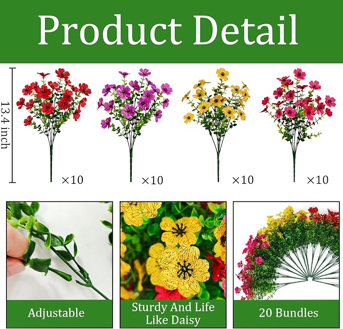 40 Pcs Artificial Flowers for Outdoors Fake Flowers UV Resistant, Artificial Plants Outdoor Indoor Faux Plastic Fake Plants for Planter Front Door Garden Porch Yard Home Decor(Pink Red Purple Yellow)
