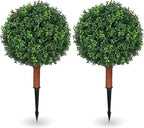 Artificial Boxwood Ball Bush for Outdoors 26 inch Set of 2 UV Resistant Faux Boxwood Ball Trees with Ground Spikes, Fake Boxwood Shrubs for Garden Patio Front Door Balcony