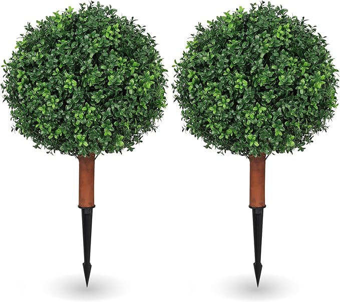 Artificial Boxwood Ball Bush for Outdoors 26 inch Set of 2 UV Resistant Faux Boxwood Ball Trees with Ground Spikes, Fake Boxwood Shrubs for Garden Patio Front Door Balcony