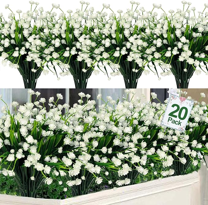 TURNMEON 20 Bundles Artificial Flowers for Outdoors,Spring Grass Camellia Fake Flowers Plastic Plants,UV Resistant No Fade Faux Greenery for Gardens Porch Planter Summer Cemetery Decor 500 Head(White)