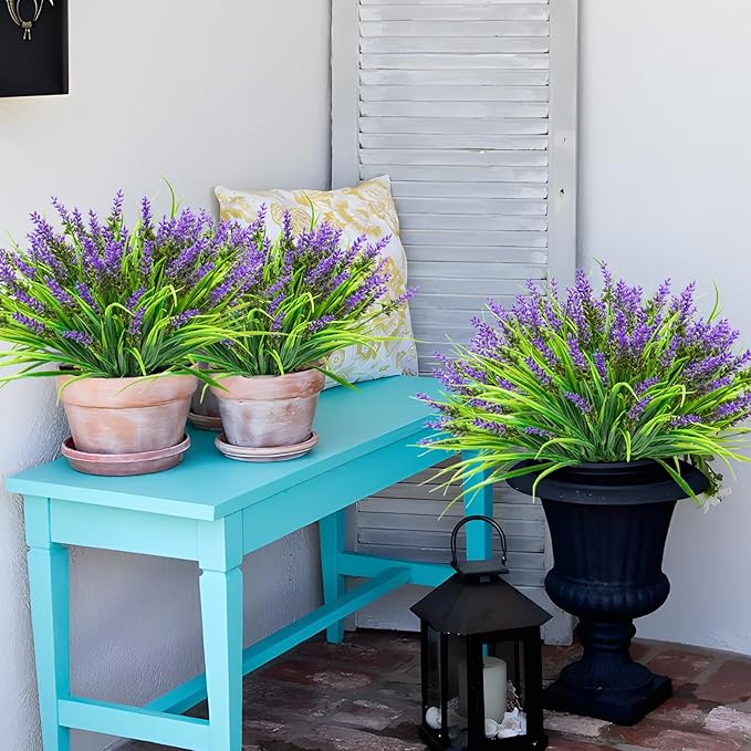 obbsie 12 Bundles Artificial Plants Outdoor, 18.2" UV Resistant Faux Monkey Grass Greenery Stems No Fade Faux Plastic Flowers Shrubs for Home Weddings Garden Porch Front Patio Office Decor - Purple
