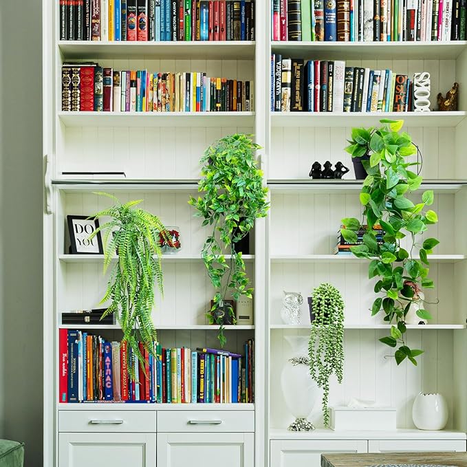 LOYWREE 4 Pack Fake Hanging Plants Artificial Ivy Vine Faux Potted Pothos Mandala Eucalyptus Boston Fern String of Pearls Trailing Plants for Shelf Room Office Home Wall Indoor Outdoor Decor