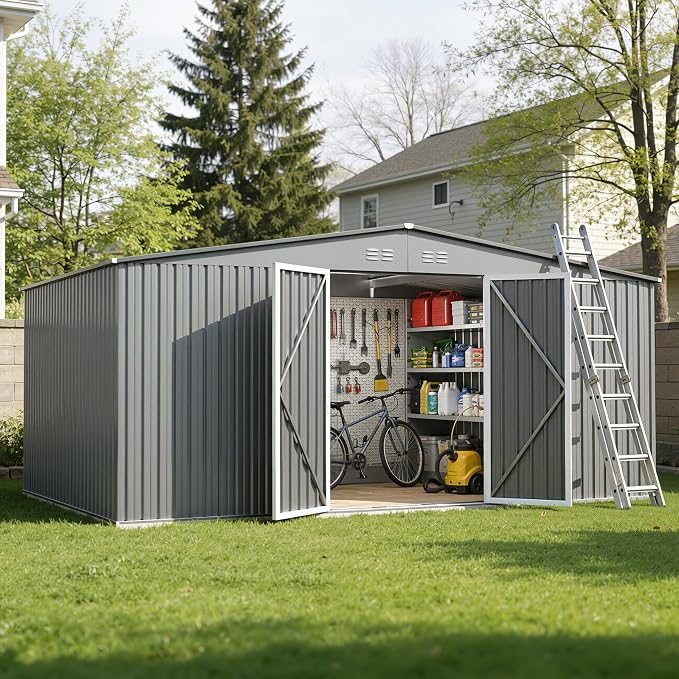 14 x 12FT Sheds & Outdoor Storage,Grey Metal Waterproof Storage Shed with Door and Lock Outdoor Shed,All-Weather Shelter for Bike, Gardening Tools, Lawn Mowers