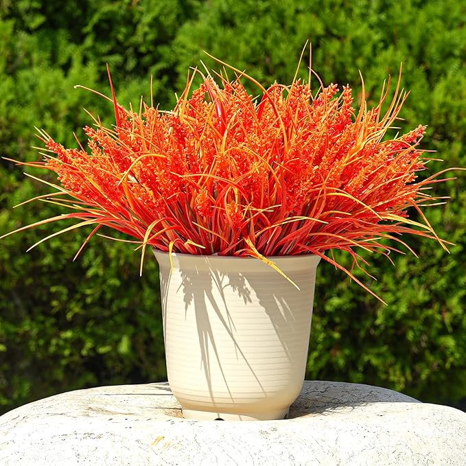 20 Bundles Artificial Plants Outdoor, UV Resistant Fake Flowers, Realistic Faux Lavender Shrubs for Porch Garden Window Box Home Decoration (Fall Orange-red)