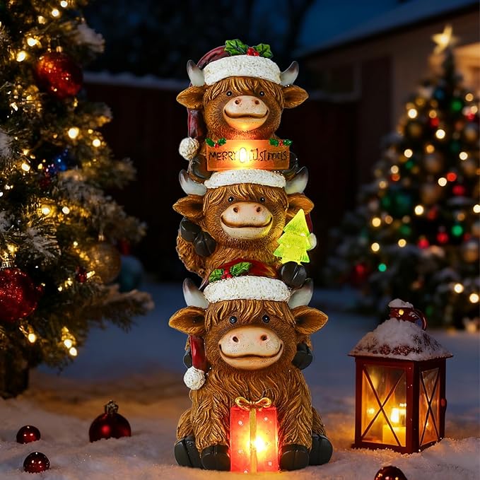 twinbling Christmas Highland Cow Decor with Solar Light Triple Highland Cow Christmas Decorations Gifts for Women Mom Funny Highland Cows Garden Statues for Garden Patio Lawn Yard Decor