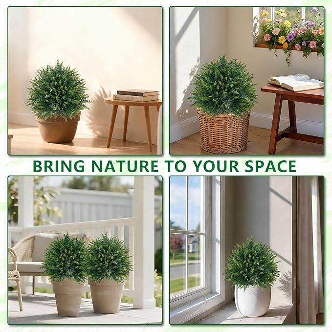 Artificial Cedar Topiary Trees with Ground Spike, 4 Pieces Fake Pine Shrubs Bushes, UV Resistant Faux Evergreen Cypress Tree Plants for Indoor Outdoor Planters Front Porch