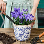 Vintage Ceramic Planter with Drainage Hole, Plastic Tray & Mesh, 5.5 Inch - Indoor/Outdoor Flower Pot, Blue Floral Rustic Farmhouse Design Plant pot for Home, Office & Garden Décor, Ideal Gift