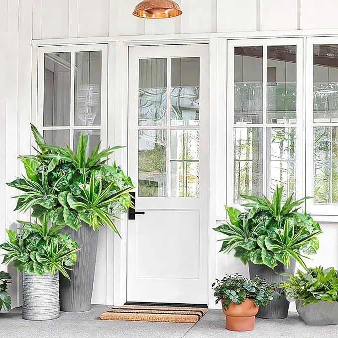 Artificial Plants for Outdoors Faux Greenery Leaves UV Resistant Realistic Plastic Large Bunches Shrubs Bushes with Stems, Fake Plants Decor Outdoor for Front Porch Door Patio Garden Yard, 9Pcs