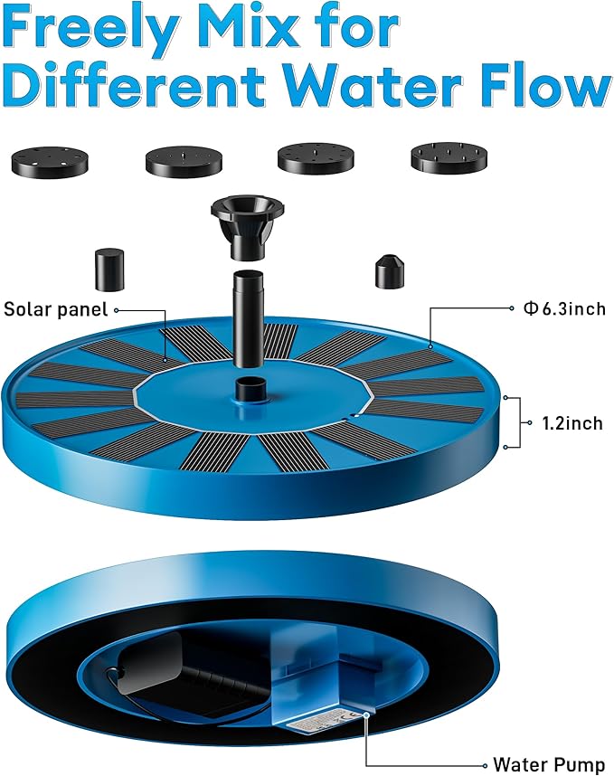 2.5W Solar Bird Bath Fountains – Upgraded Solar Pond Fountain with 6 Nozzles,Solar Fountain for Bird Bath, Pond, Garden Decor (Blue)